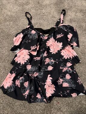 Black Floral Ruffle Tankini with Pink Bloom Print